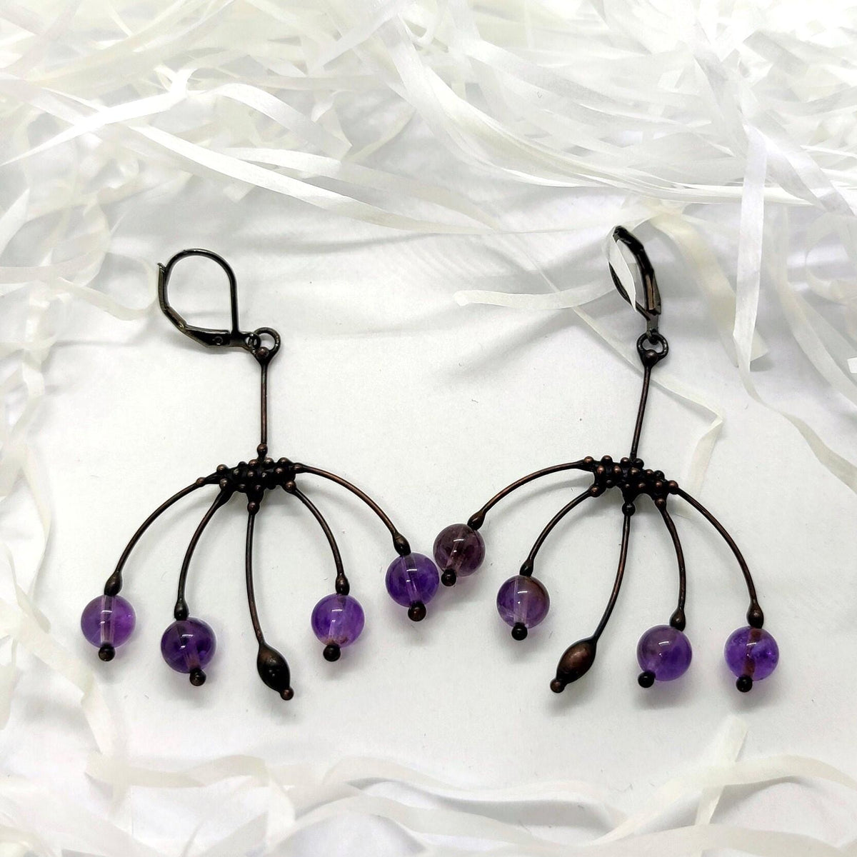 Purple Glass Botanical Earrings – Blackened Copper
