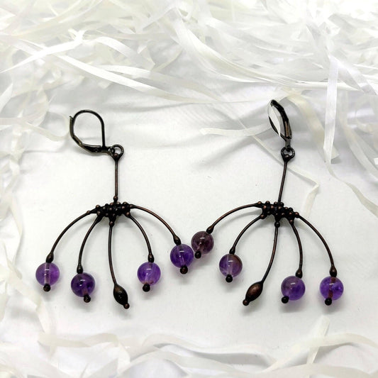 Purple Glass Botanical Earrings – Blackened Copper