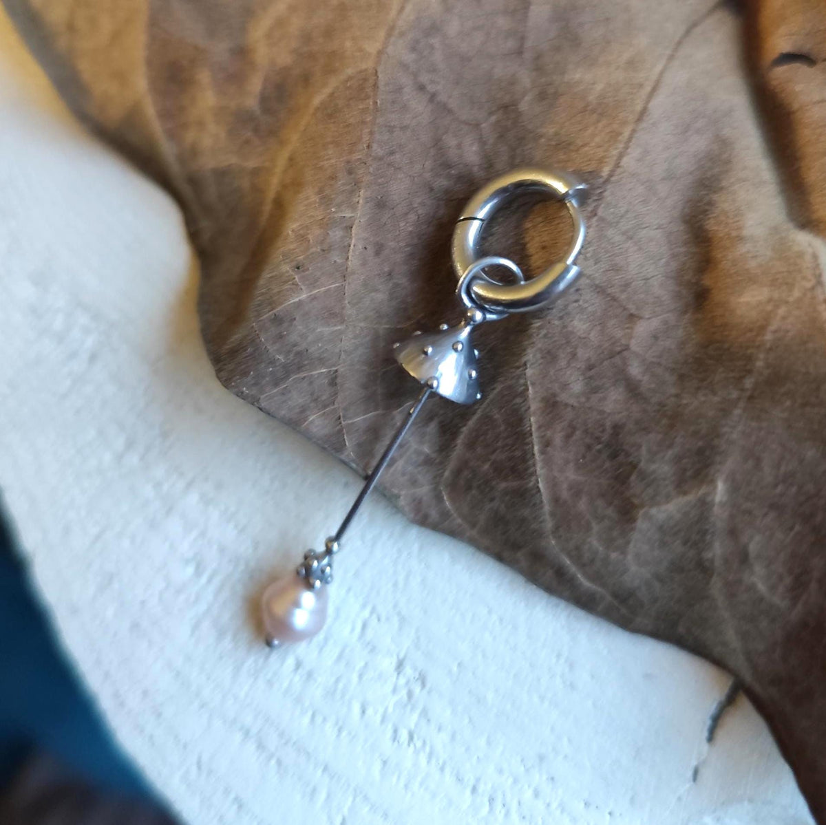 White Pearl Amanita Mushroom Single Earring – Silver Tone