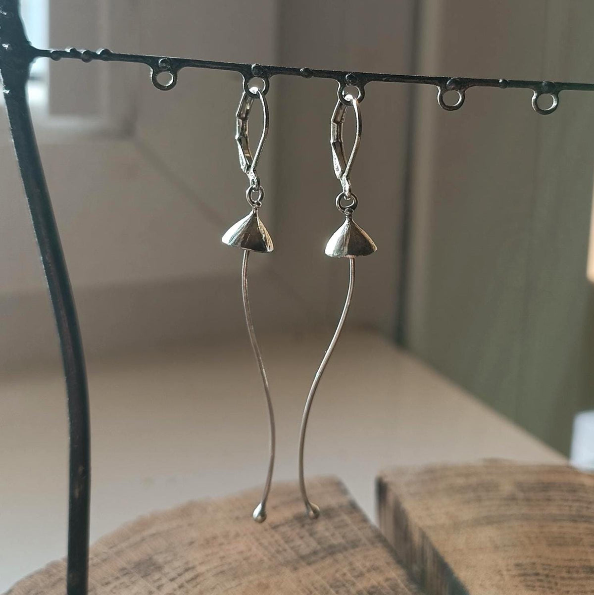 Silver Tone Long Stem Mushroom Earrings