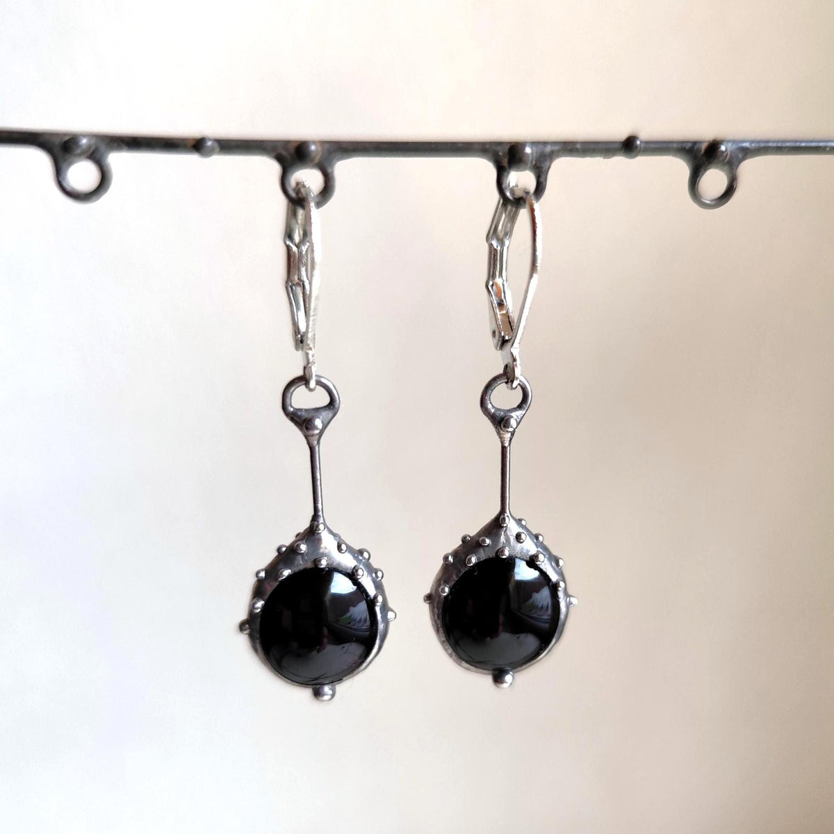 Black Glass Drop Earrings – Silver Tone