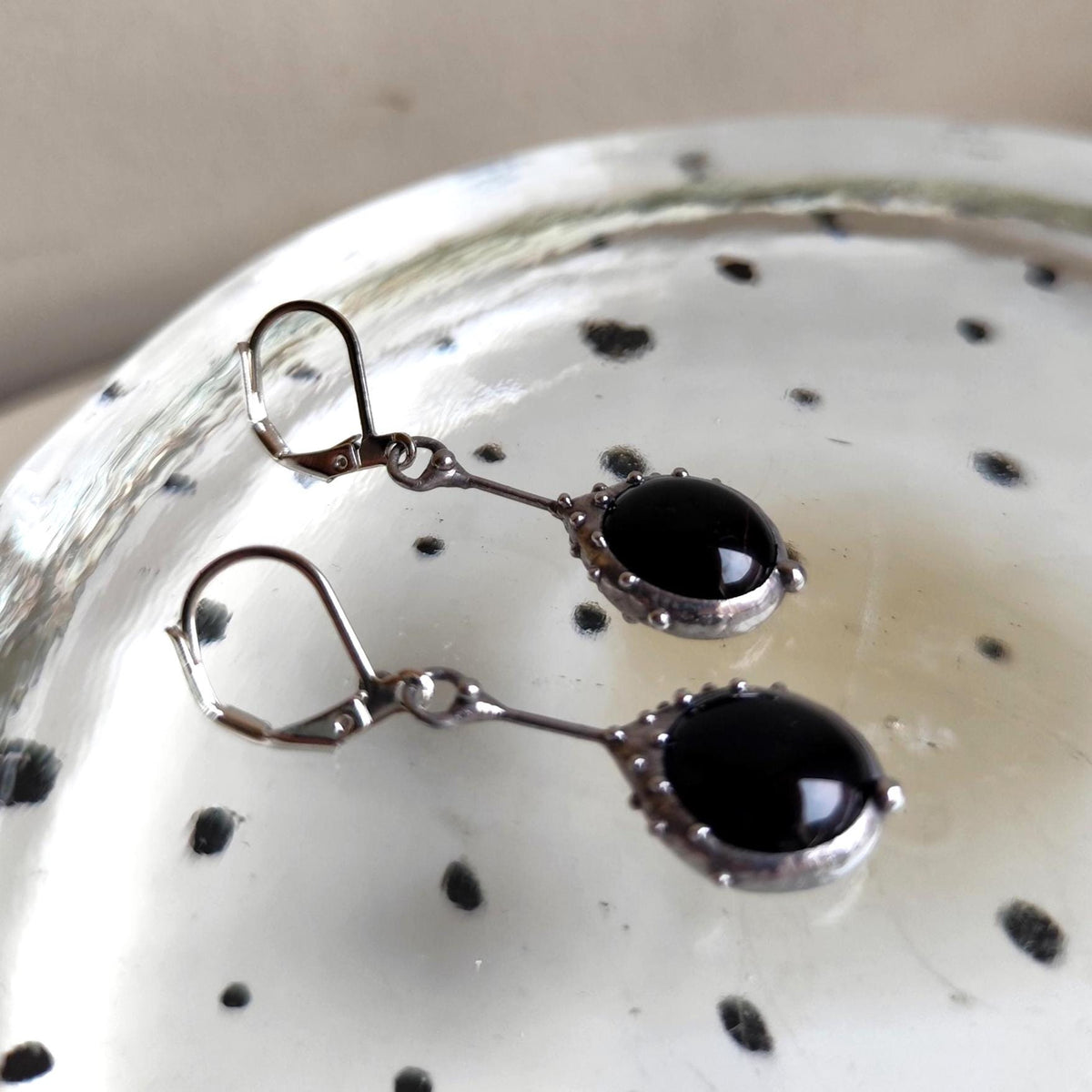 Black Glass Drop Earrings – Silver Tone