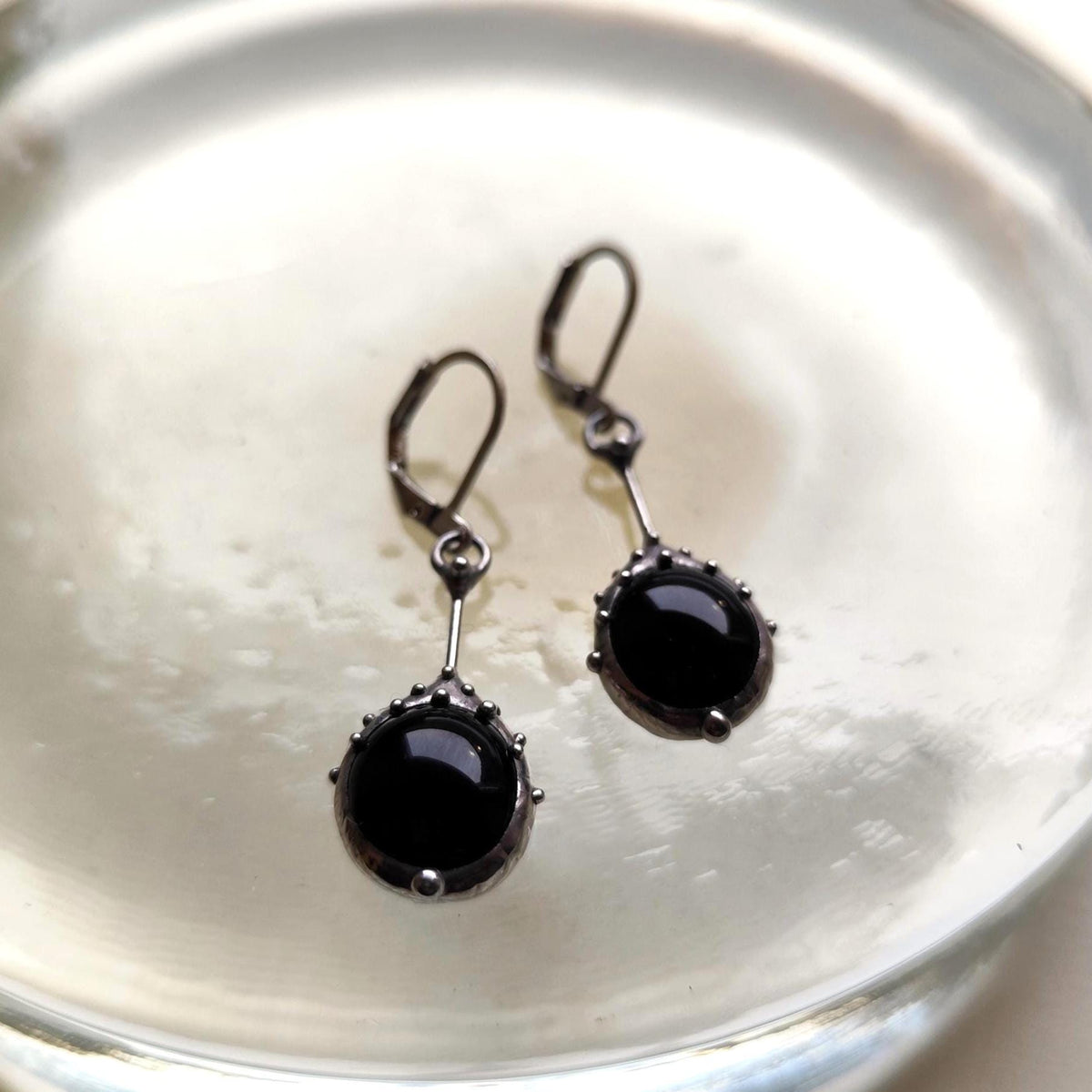 Black Glass Drop Earrings – Silver Tone