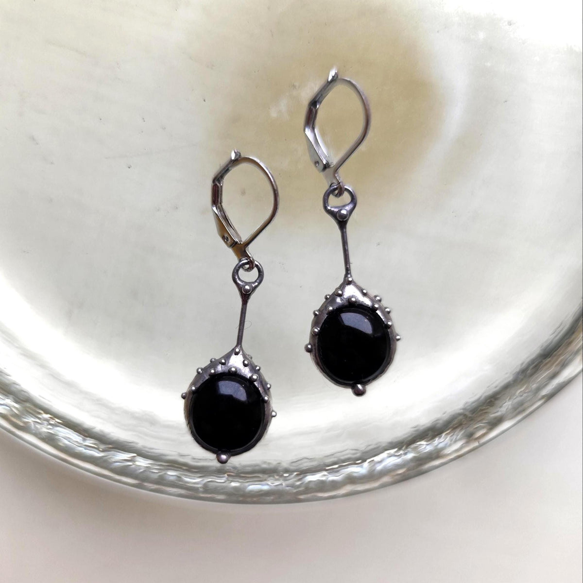 Black Glass Drop Earrings – Silver Tone