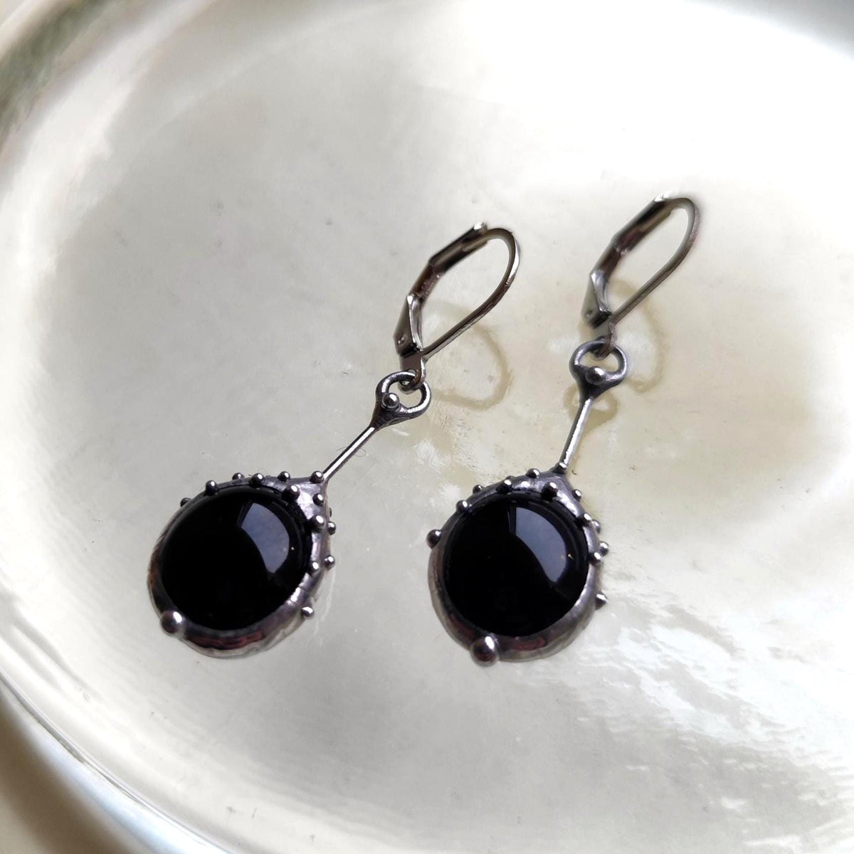Black Glass Drop Earrings – Silver Tone