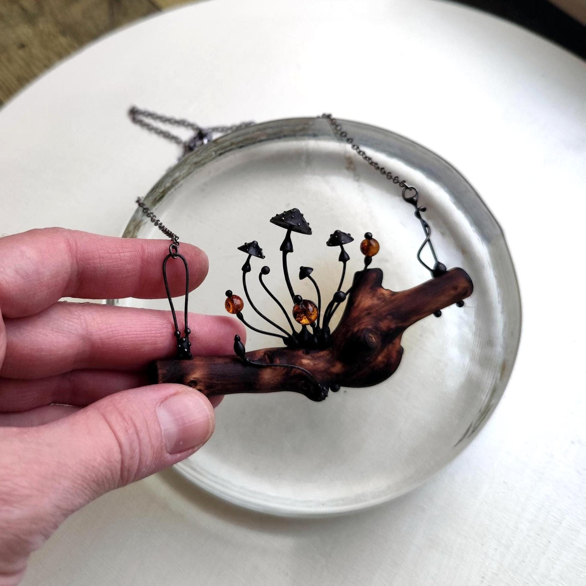 Woodland Mushroom Branch Necklace with Amber – Blackened Copper