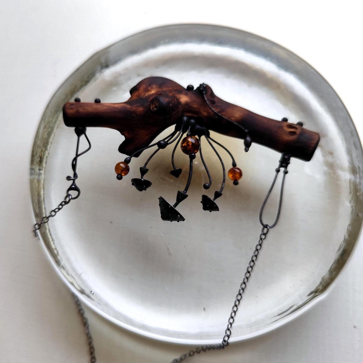 Woodland Mushroom Branch Necklace with Amber – Blackened Copper