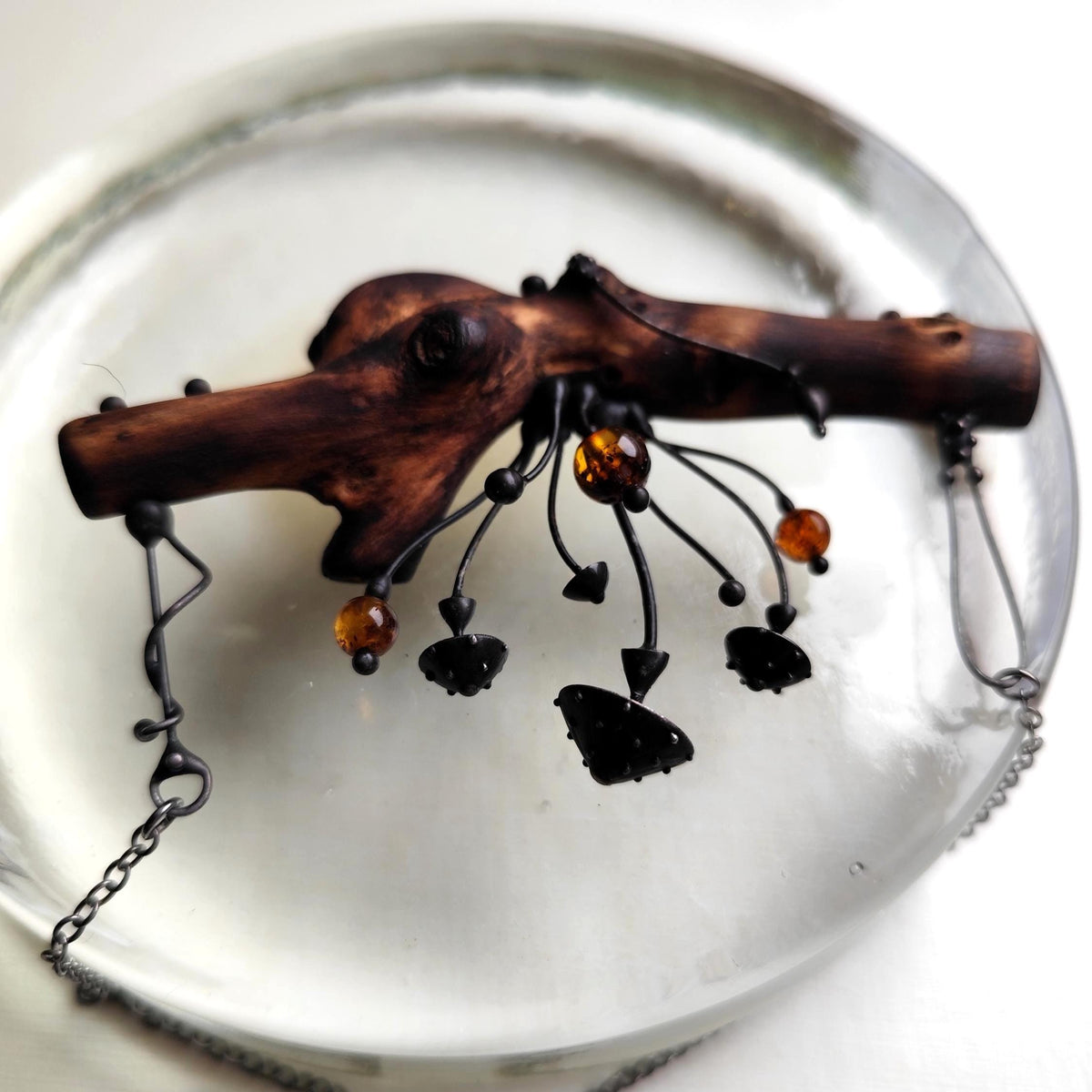 Woodland Mushroom Branch Necklace with Amber – Blackened Copper