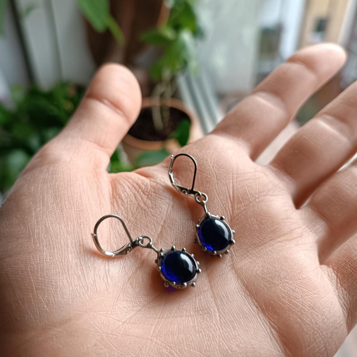 Round Blue Stained Glass Drop Earrings – Silver Tone