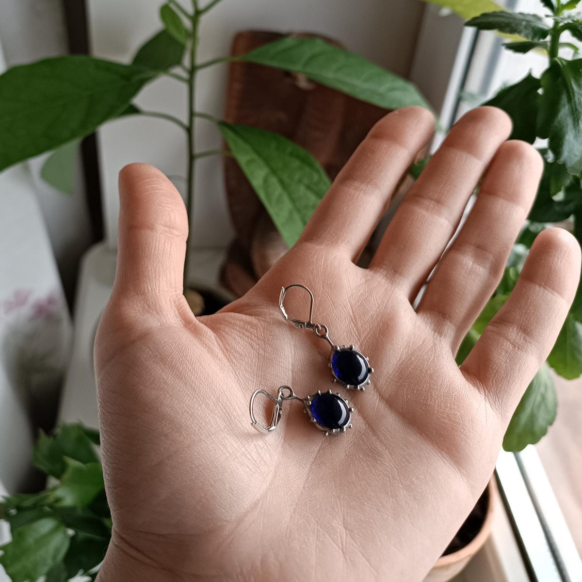 Round Blue Stained Glass Drop Earrings – Silver Tone