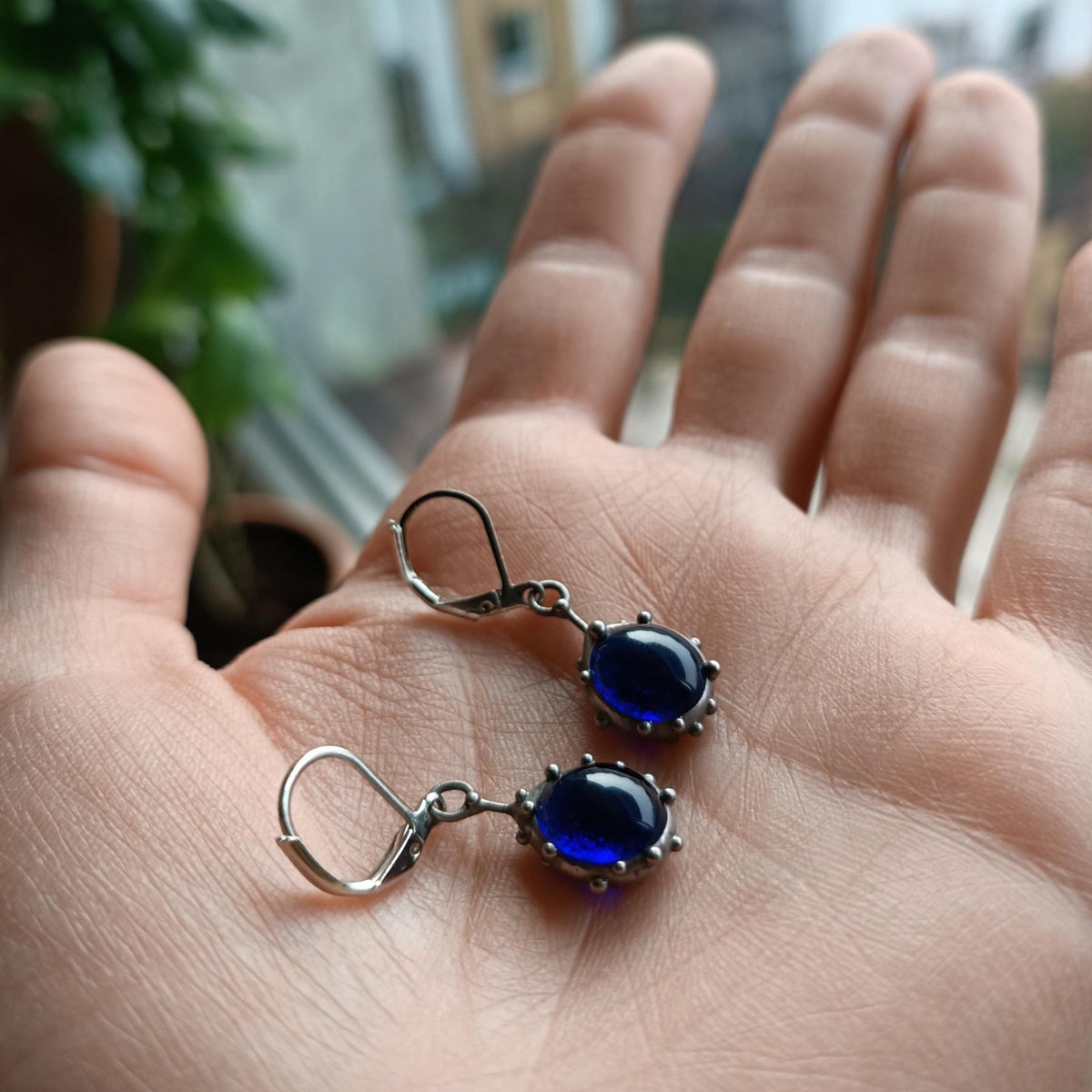 Round Blue Stained Glass Drop Earrings – Silver Tone