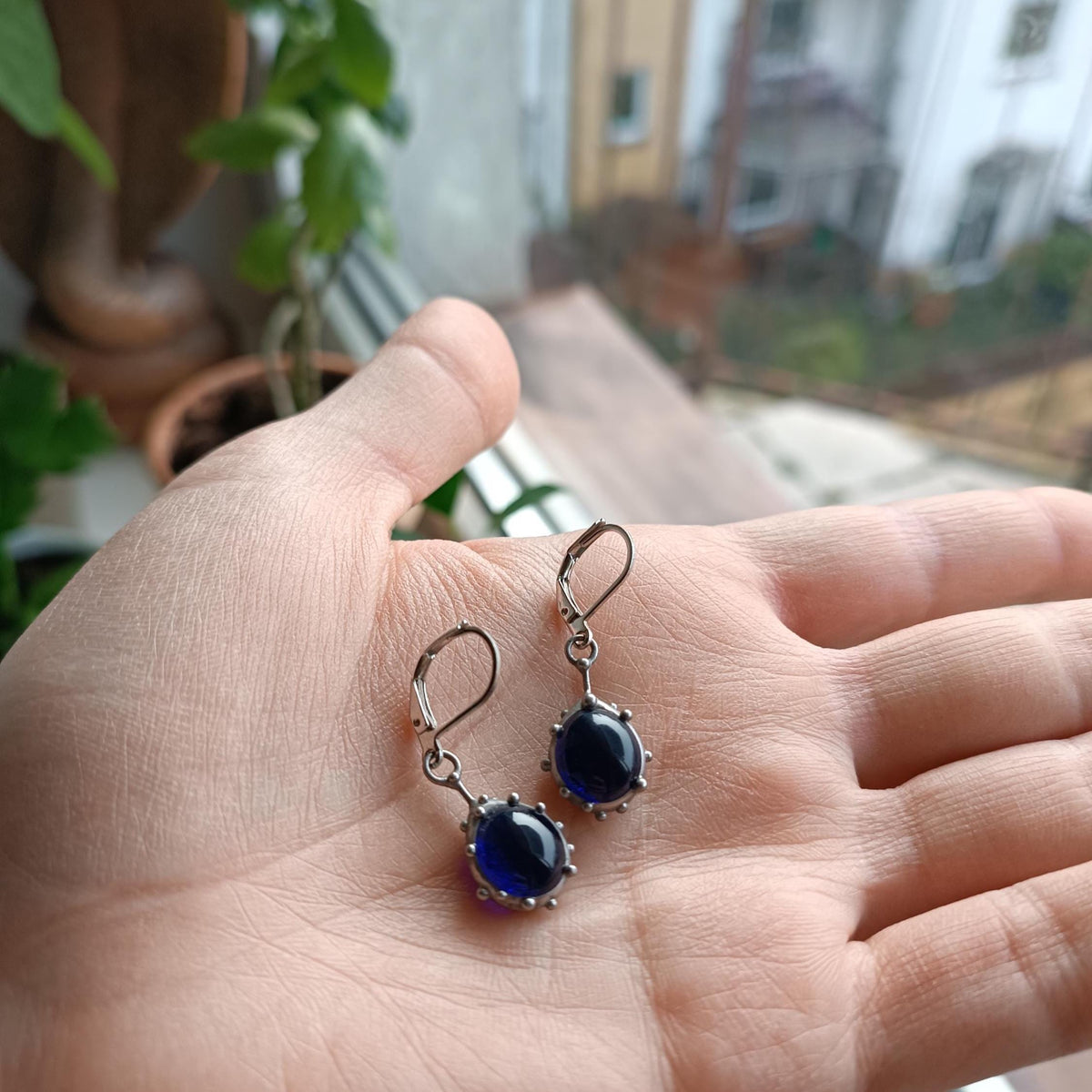 Round Blue Stained Glass Drop Earrings – Silver Tone