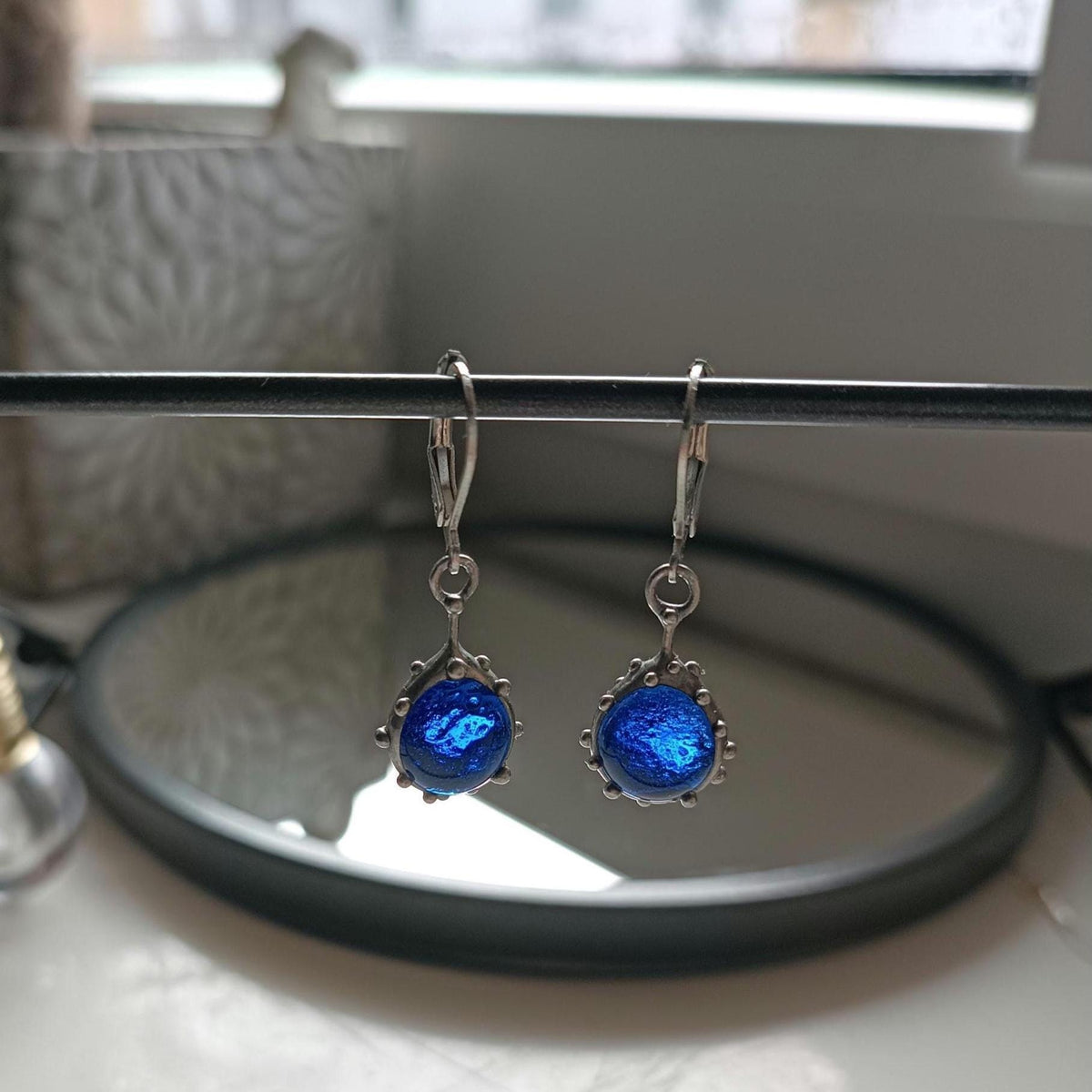 Round Blue Stained Glass Drop Earrings – Silver Tone
