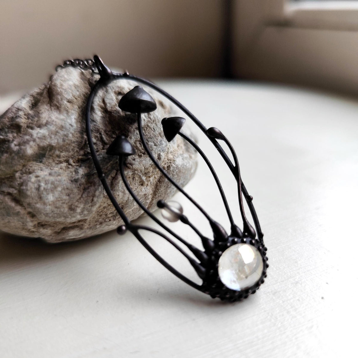 Iridescent Glass Mushroom Necklace – Blackened Copper