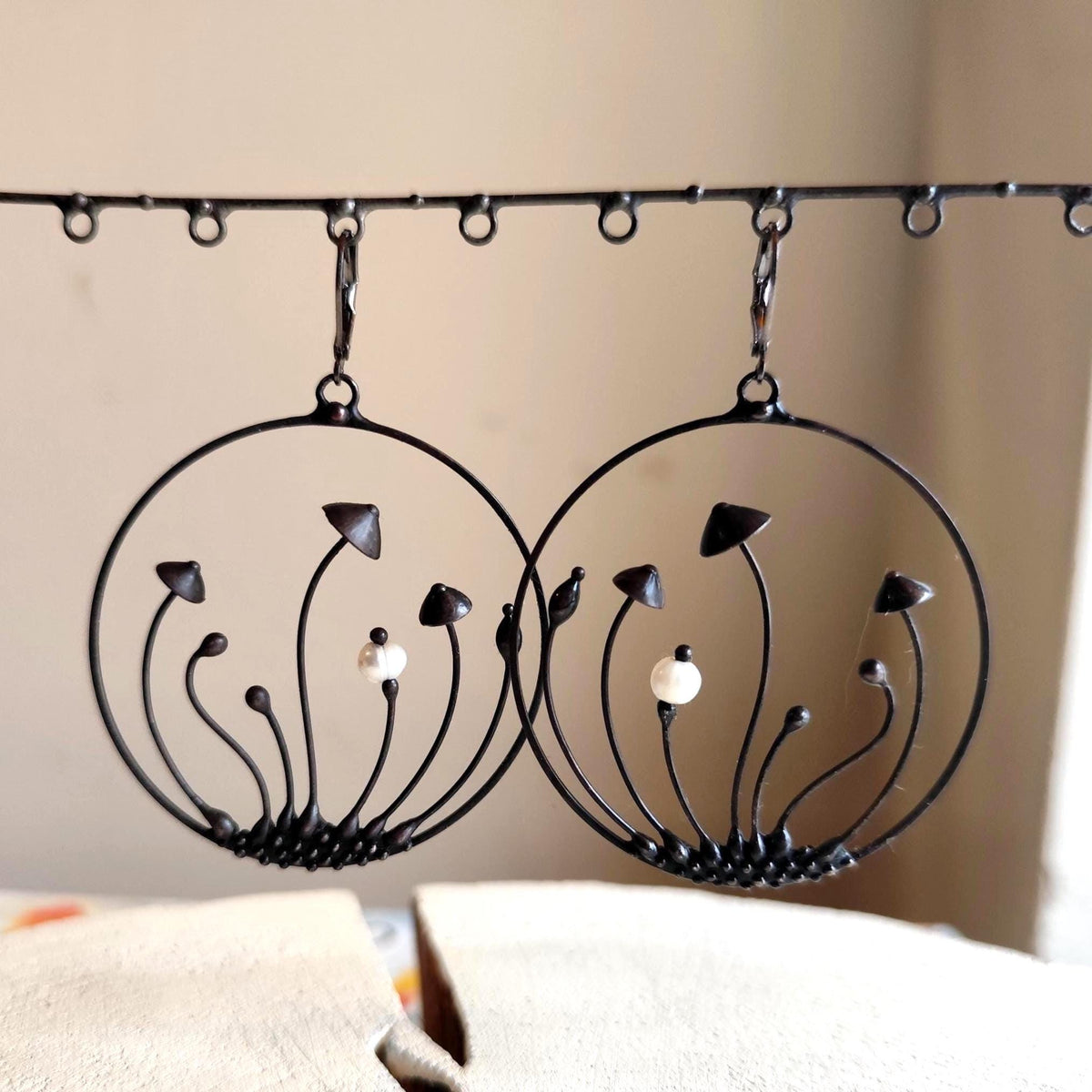 Pearl Mushroom Hoop Earrings – Blackened Copper Round Forest Dangles – Botanical