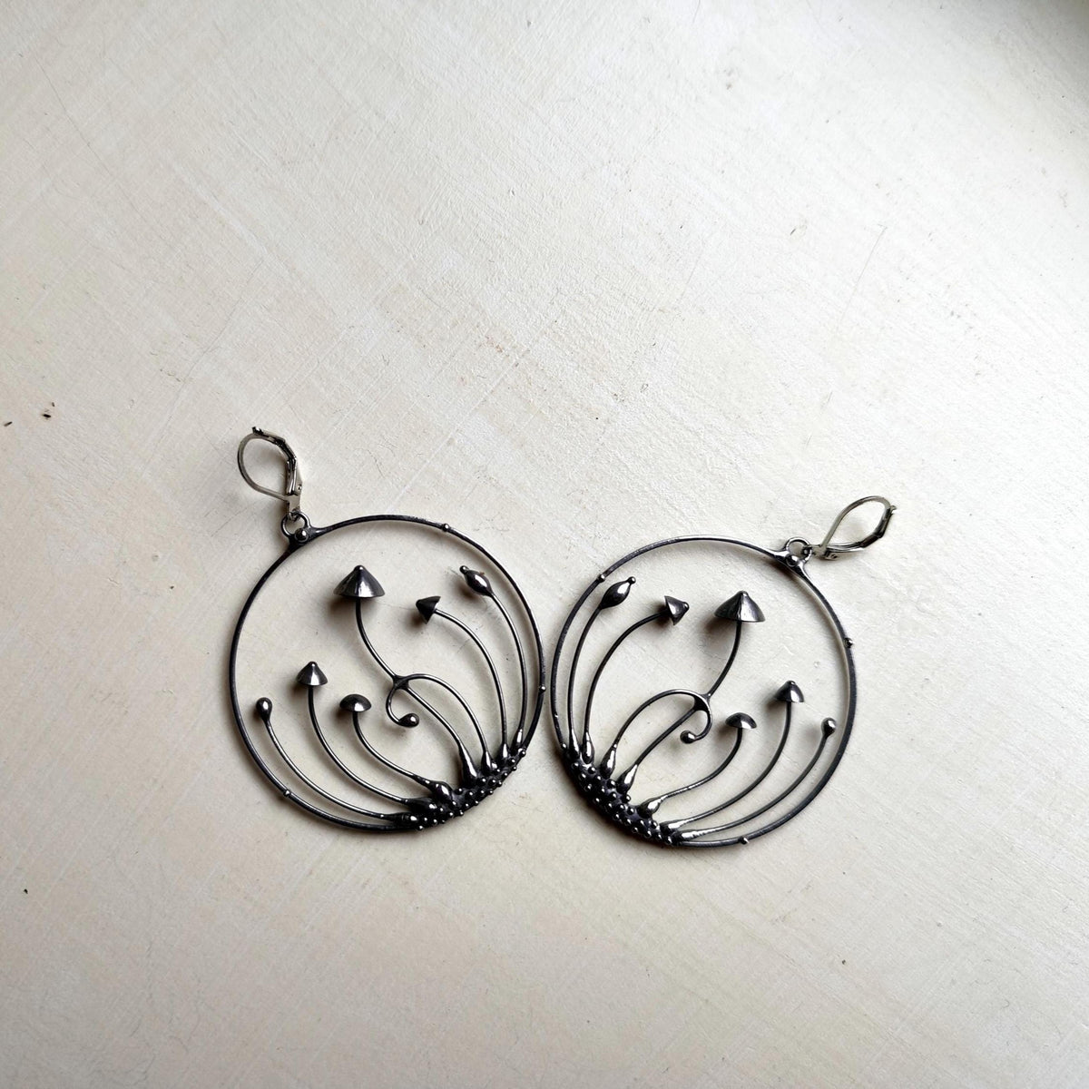 Silver Tone Mushroom Hoop Earrings