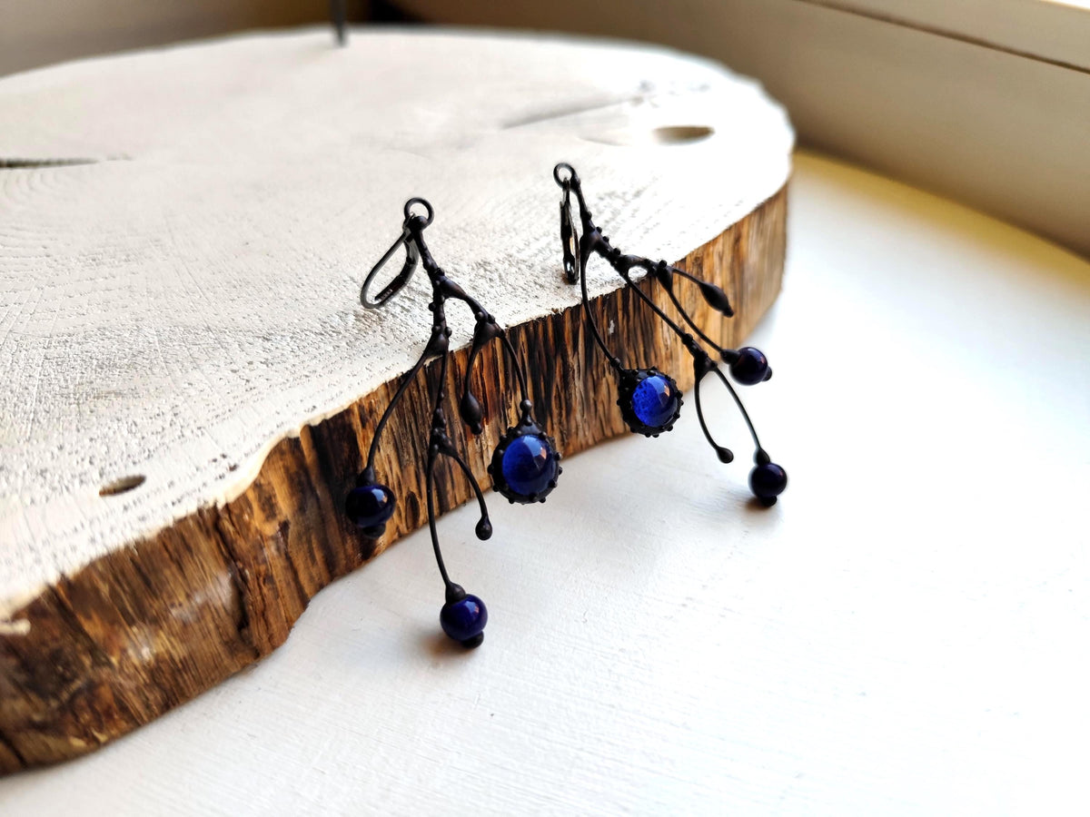 Cobalt Blue Glass Branch Earrings – Blackened Copper Asymmetrical Dangles – Botanical