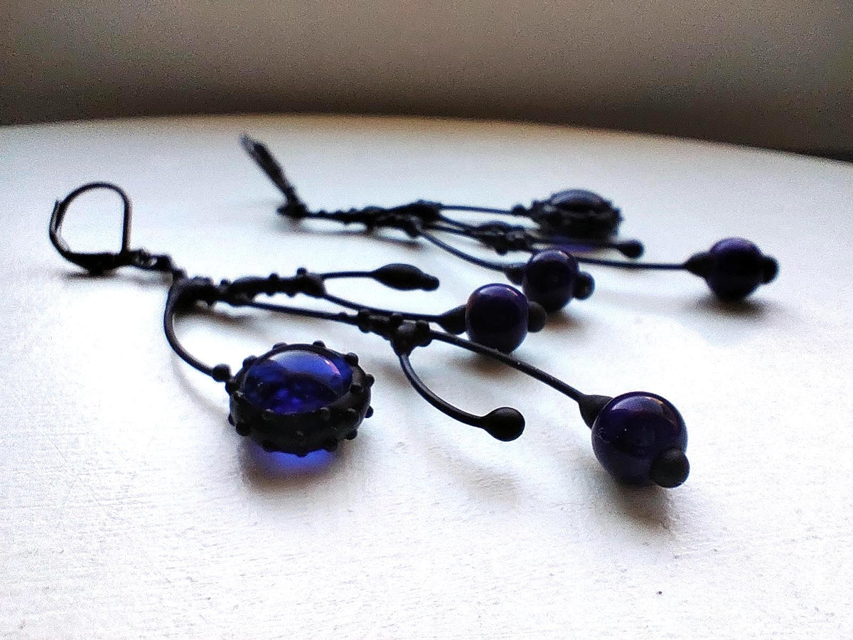 Cobalt Blue Glass Branch Earrings – Blackened Copper Asymmetrical Dangles – Botanical