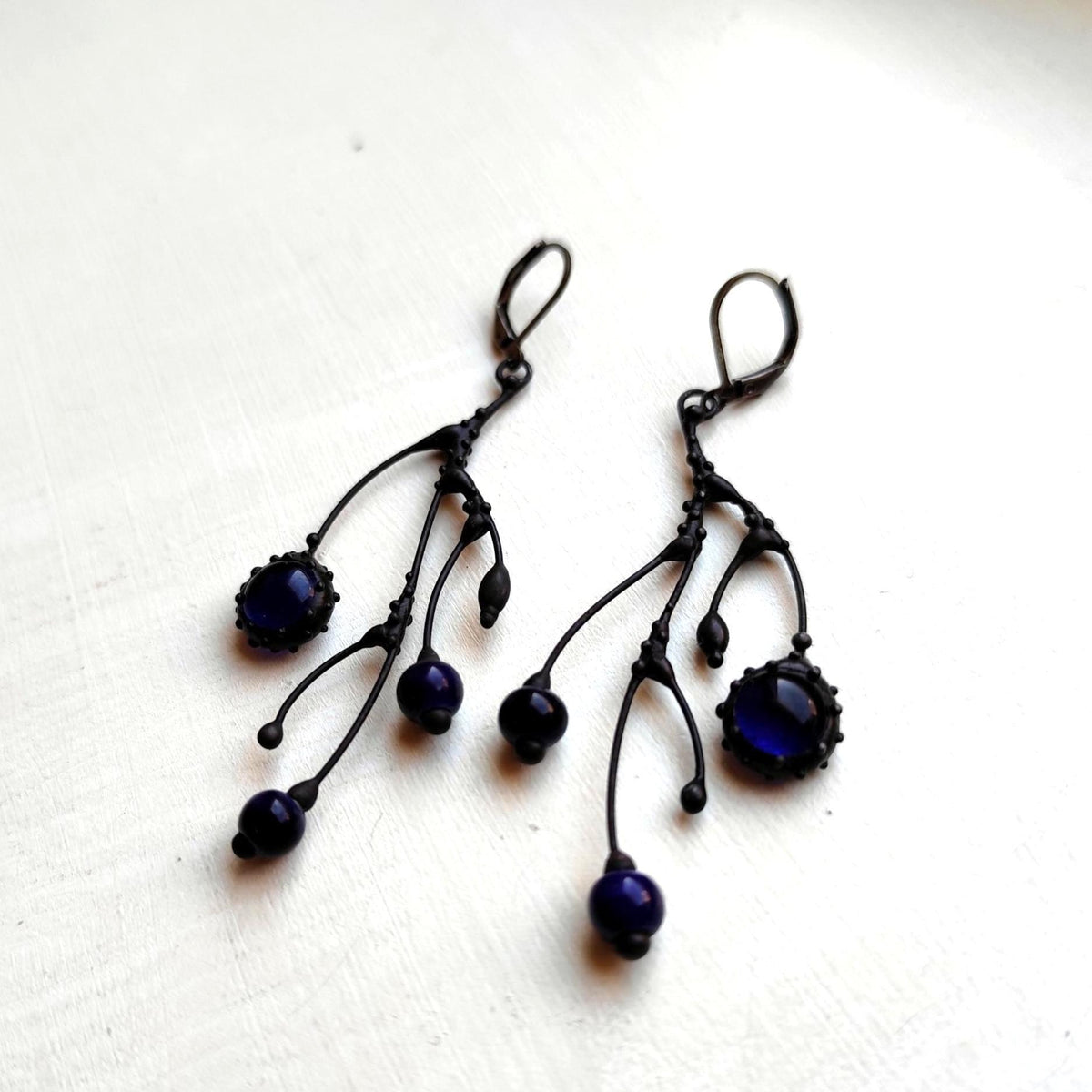 Cobalt Blue Glass Branch Earrings – Blackened Copper Asymmetrical Dangles – Botanical