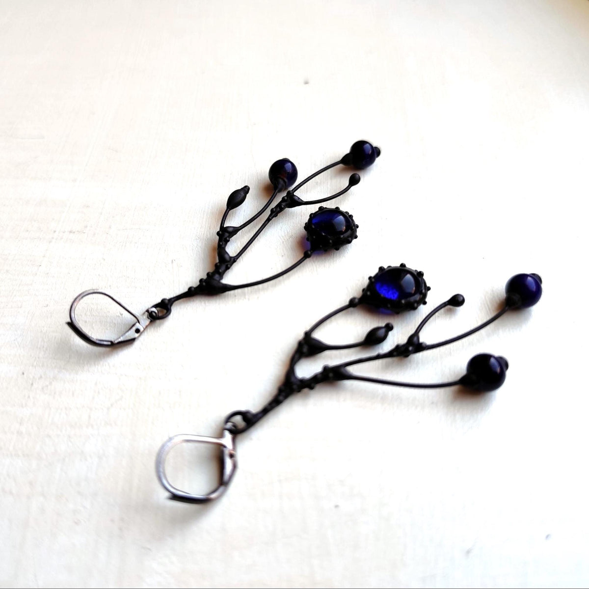 Cobalt Blue Glass Branch Earrings – Blackened Copper Asymmetrical Dangles – Botanical