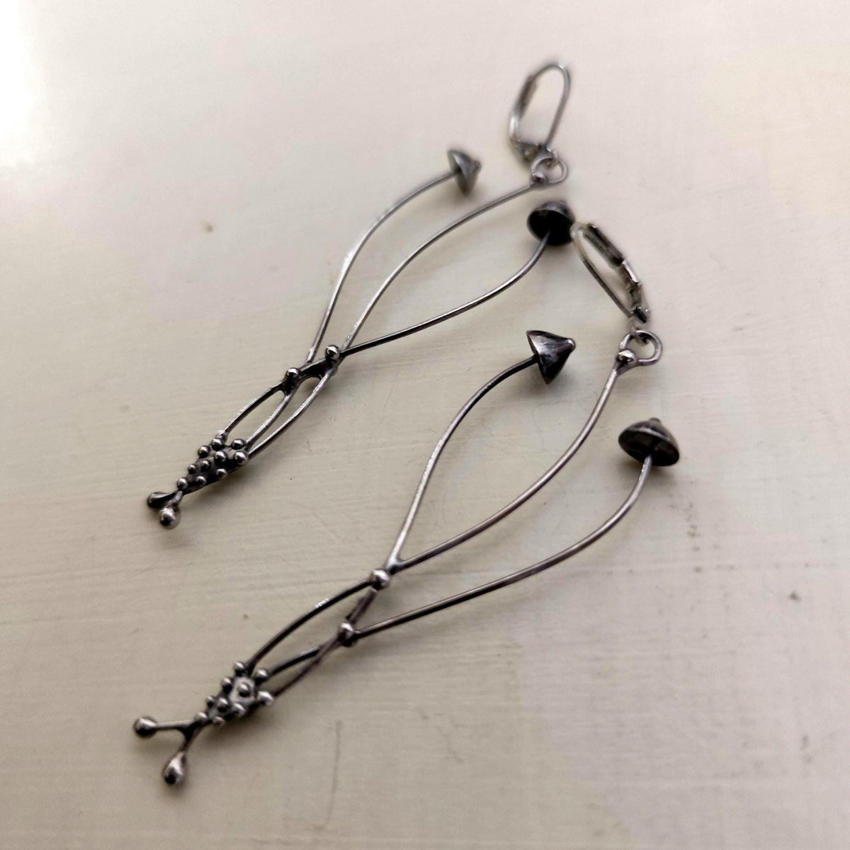 Silver Tone Mushroom Earrings – Copper & Pewter Forest Dangles – Psychedelic Botanical