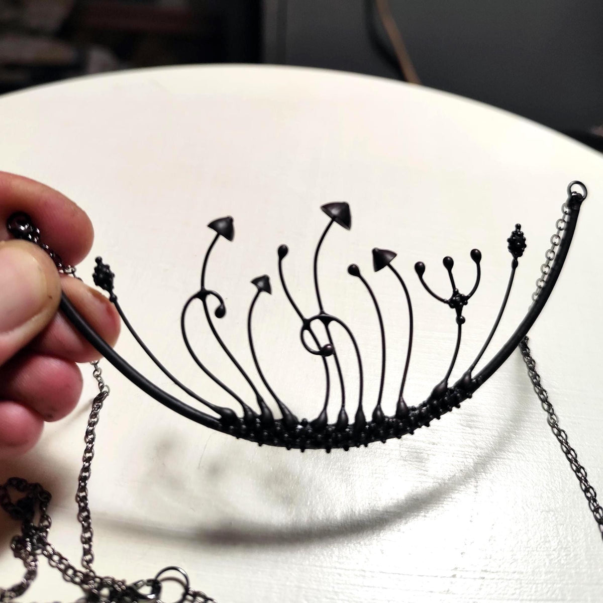 Four Mushroom Crescent Collar Necklace – Blackened Copper
