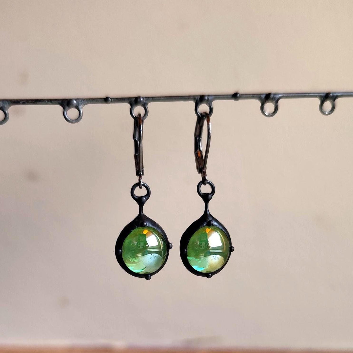Green Stained Glass Suncatcher Earrings – Blackened Copper