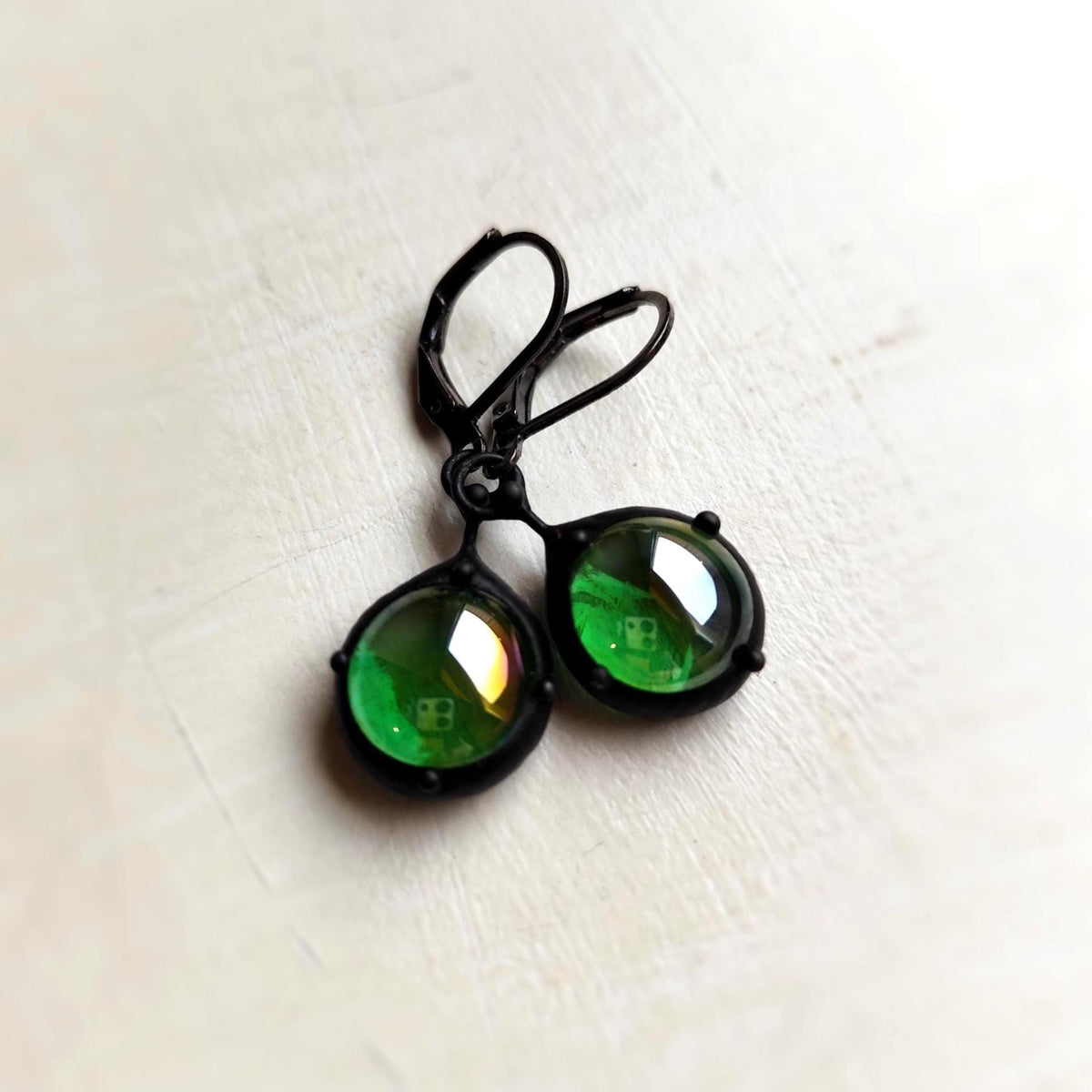 Green Stained Glass Suncatcher Earrings – Blackened Copper