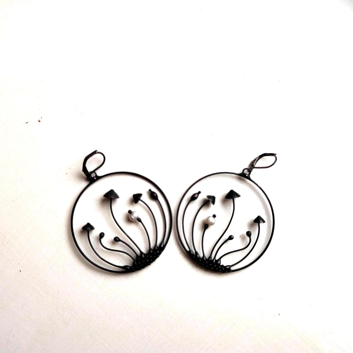 Pearl Mushroom Hoop Earrings – Blackened Copper Round Forest Dangles – Botanical