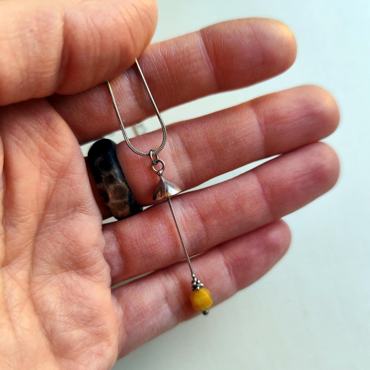 Yellow Jade Mushroom Pendant Necklace – Silver Tone