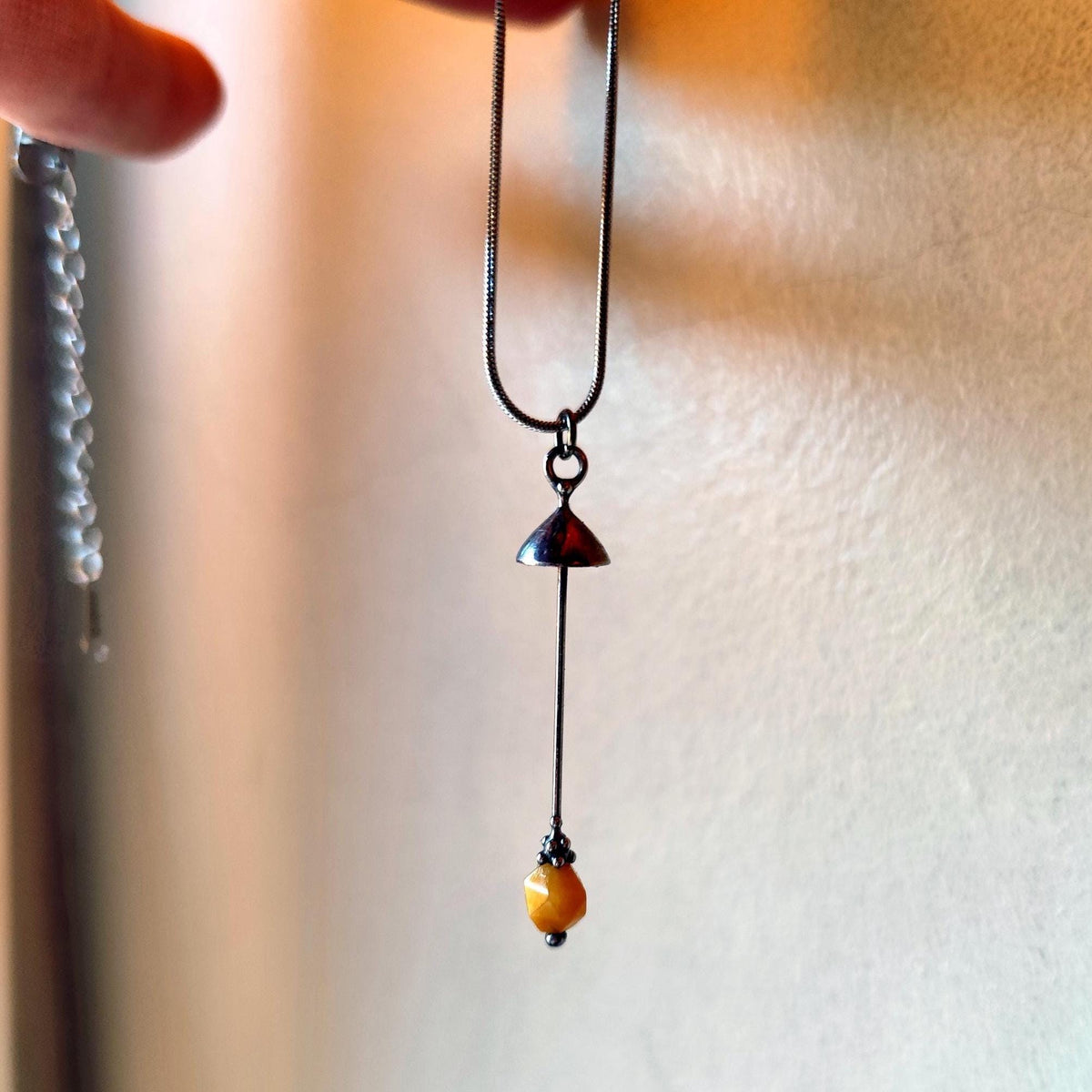 Yellow Jade Mushroom Pendant Necklace – Silver Tone