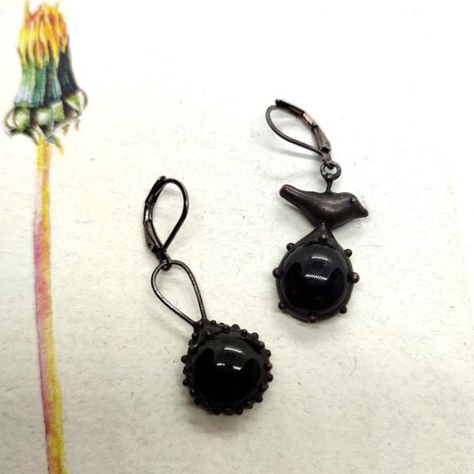 Black Glass Asymmetrical Bird Earrings – Blackened Copper