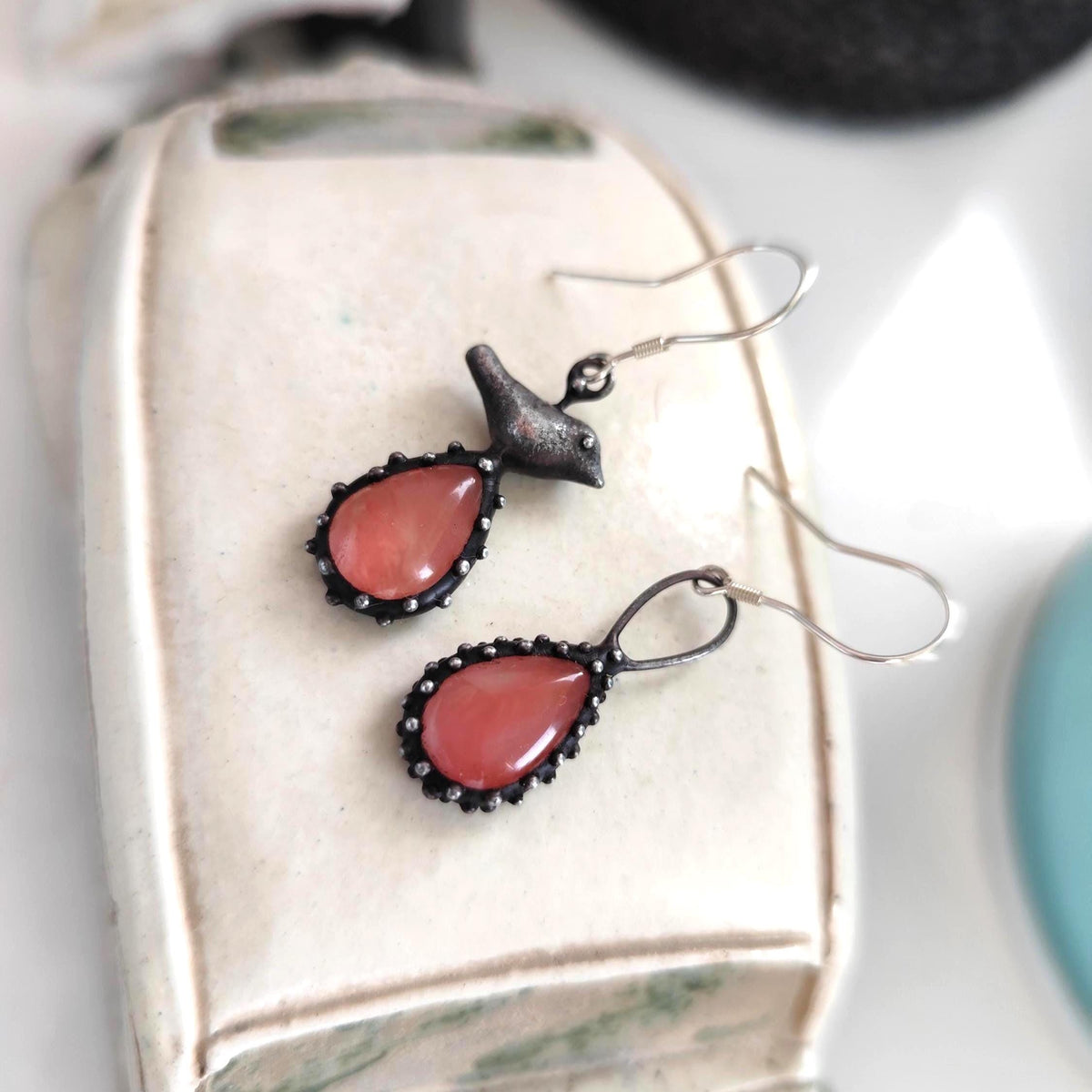 Asymmetrical Bird Earrings with Pink Quartz – Blackened Copper