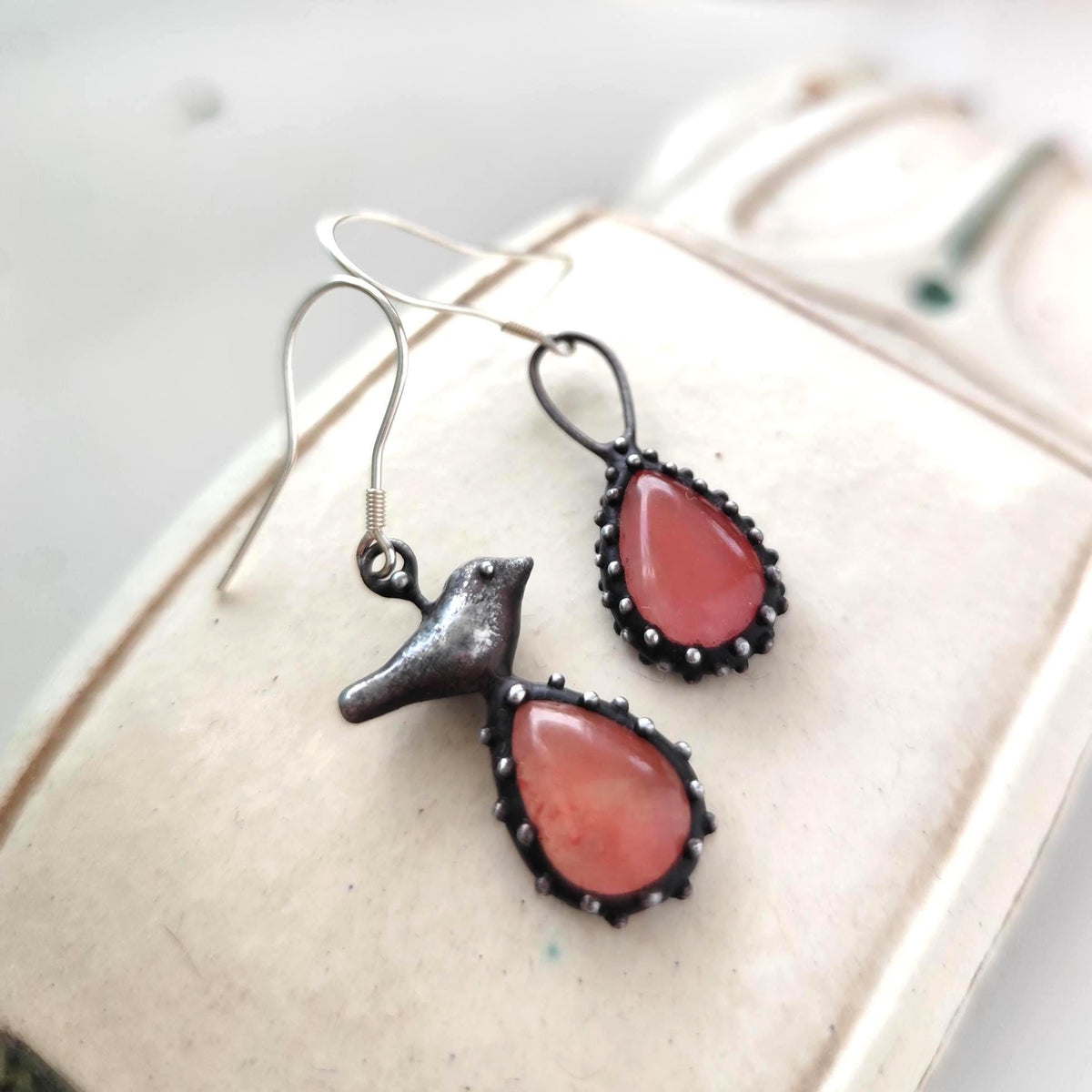 Asymmetrical Bird Earrings with Pink Quartz – Blackened Copper