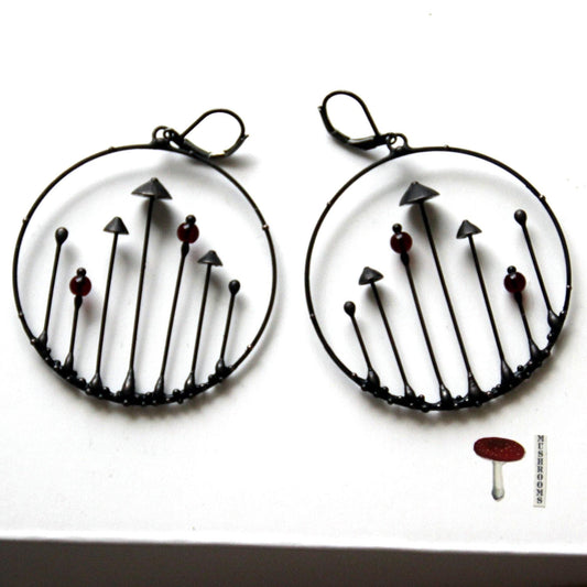 Red Glass Mushroom Hoop Earrings – Blackened Copper & Pewter Forest