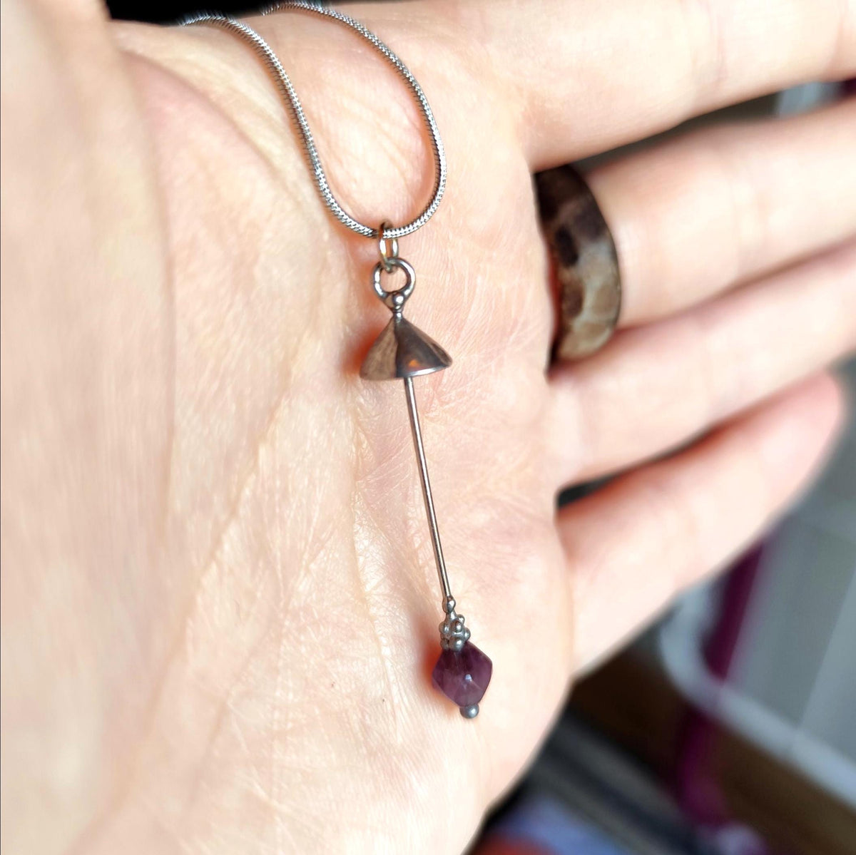 Amethyst Mushroom Pendant Necklace – Silver Tone