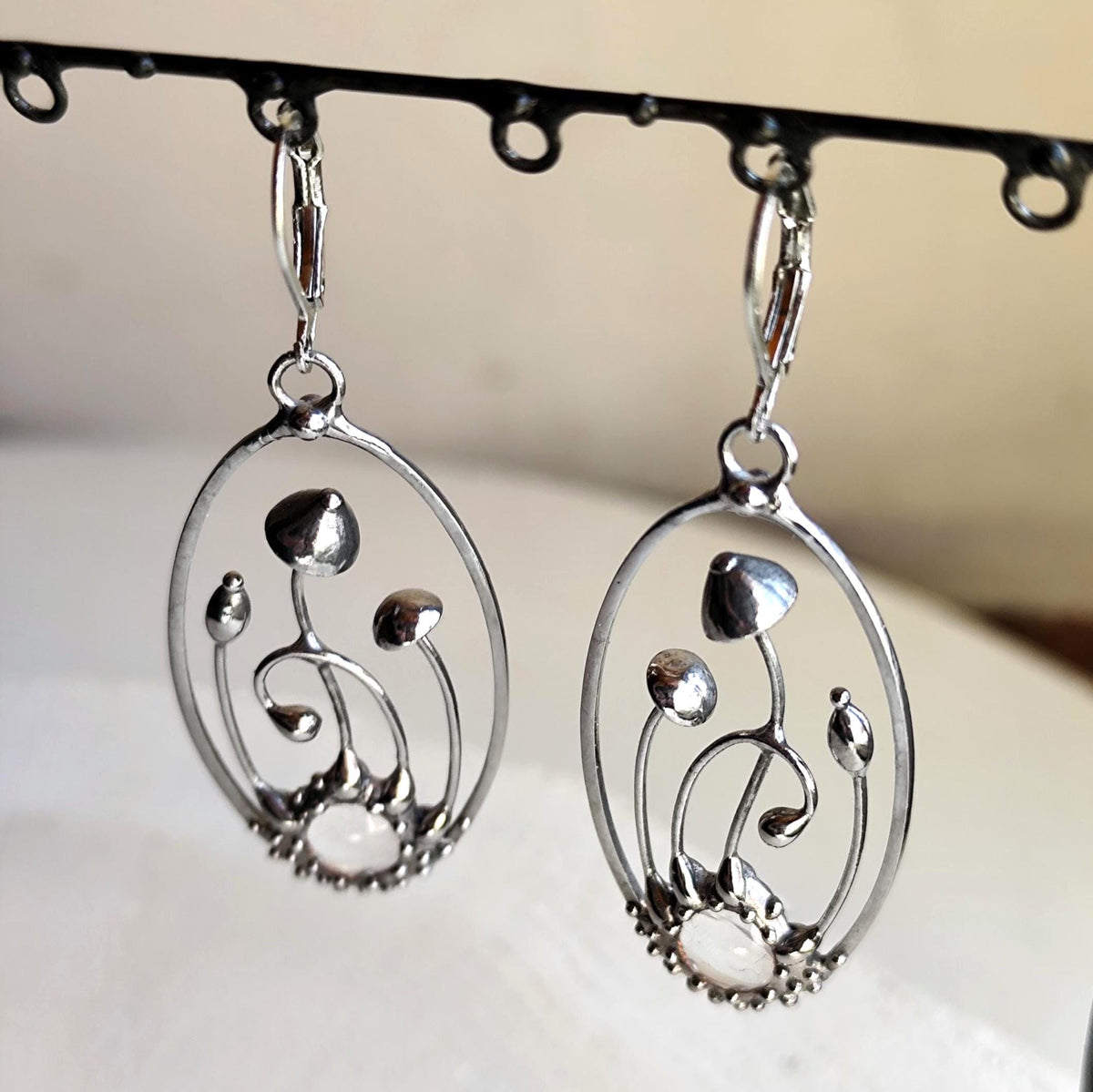 Glass Mushroom Oval Earrings – Silver Tone