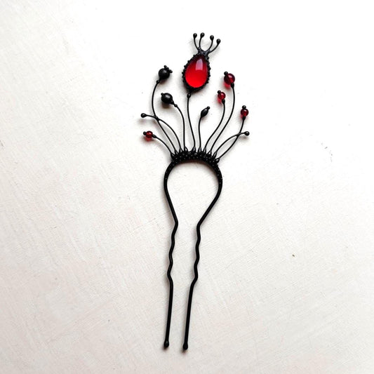Red Glass Poppy Hair Pin – Blackened Copper