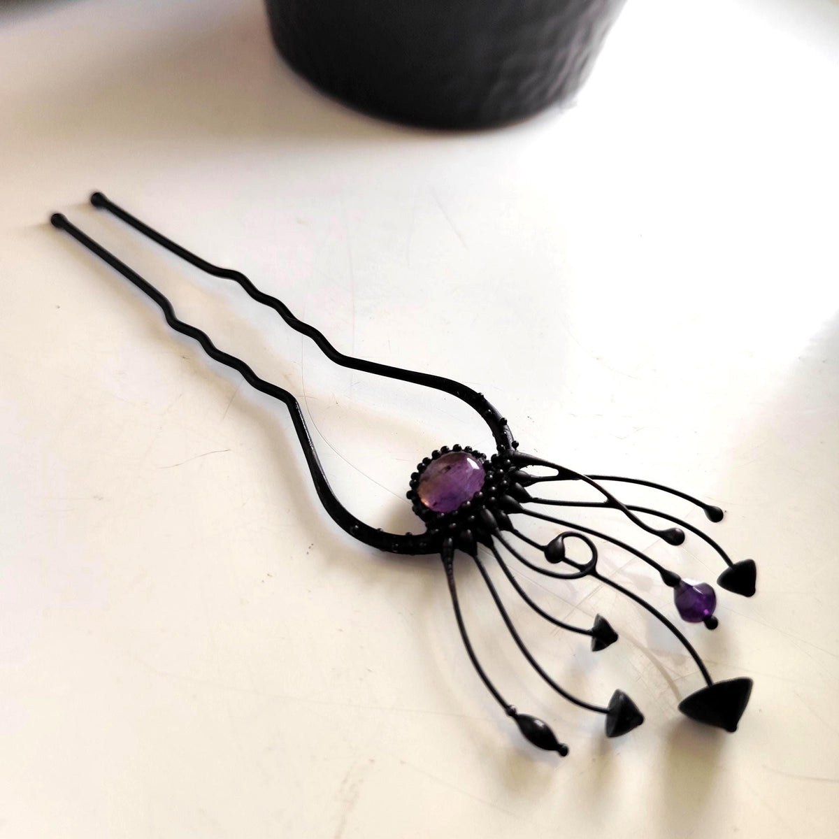 Amethyst Mushroom Hair Fork – Blackened Copper