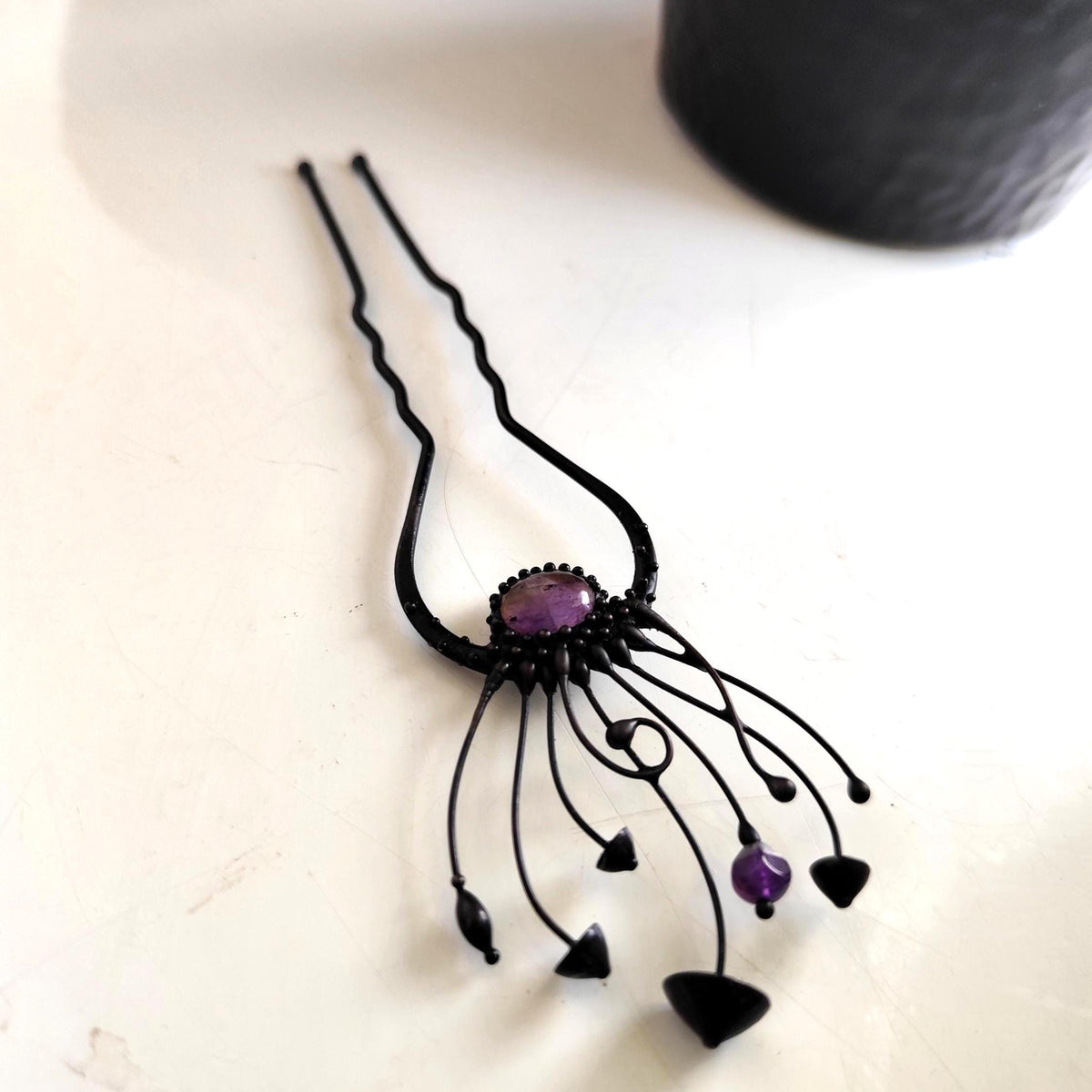 Amethyst Mushroom Hair Fork – Blackened Copper