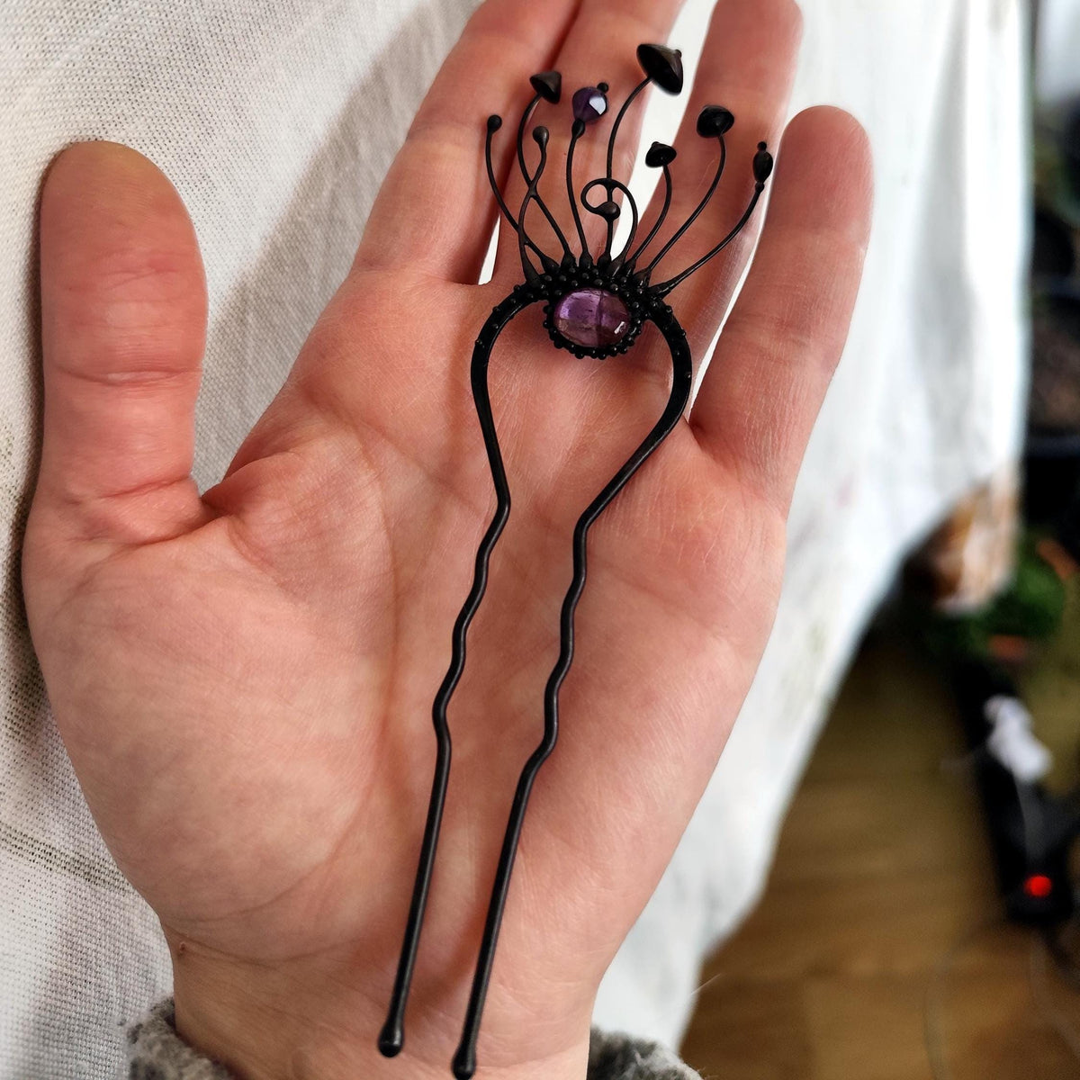 Amethyst Mushroom Hair Fork – Blackened Copper