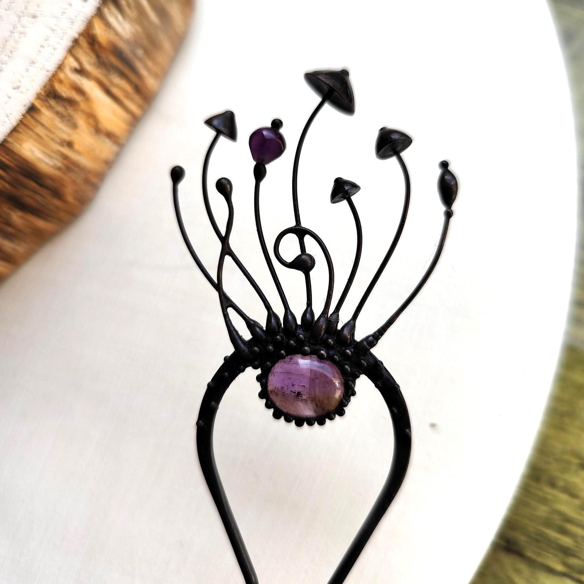 Amethyst Mushroom Hair Fork – Blackened Copper