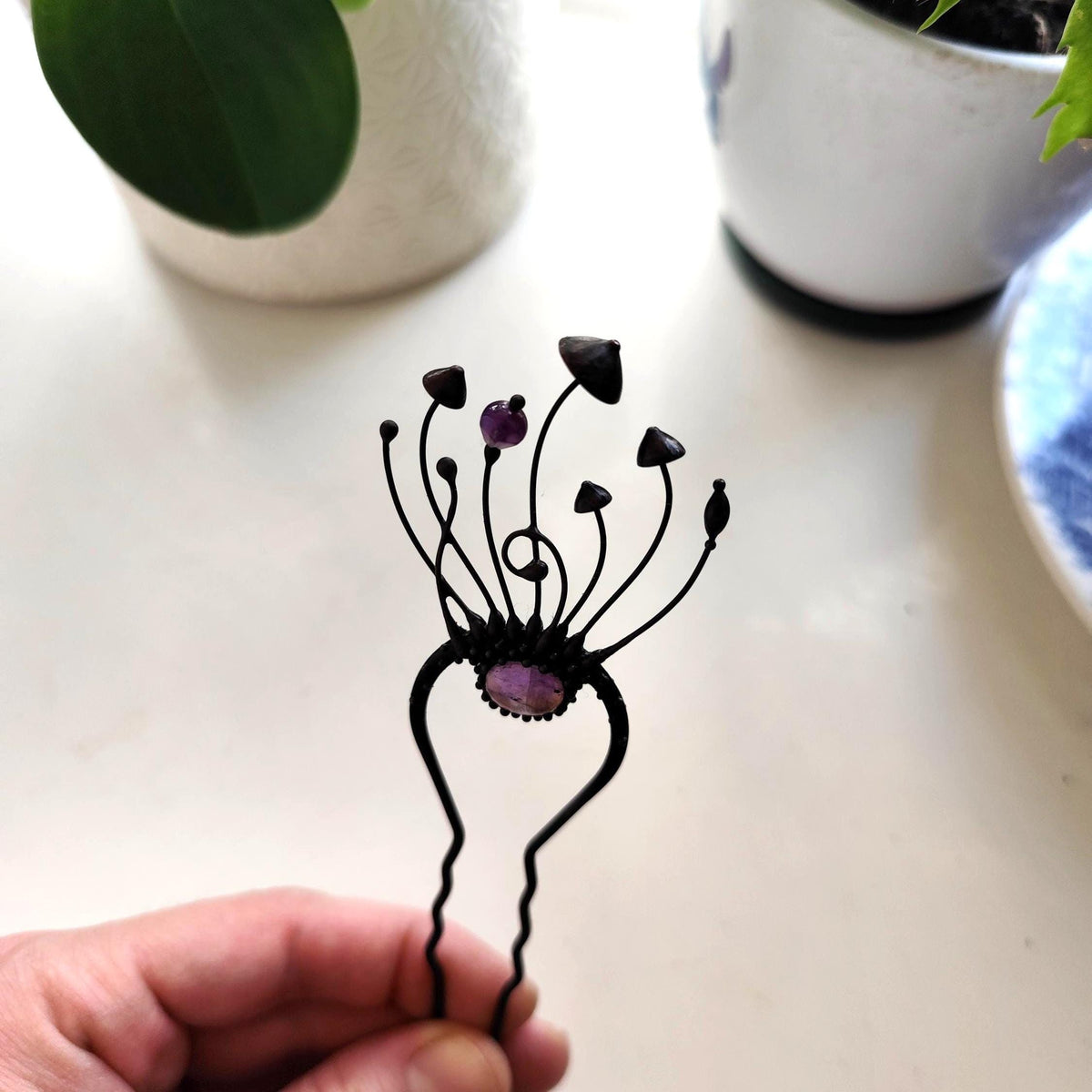Amethyst Mushroom Hair Fork – Blackened Copper