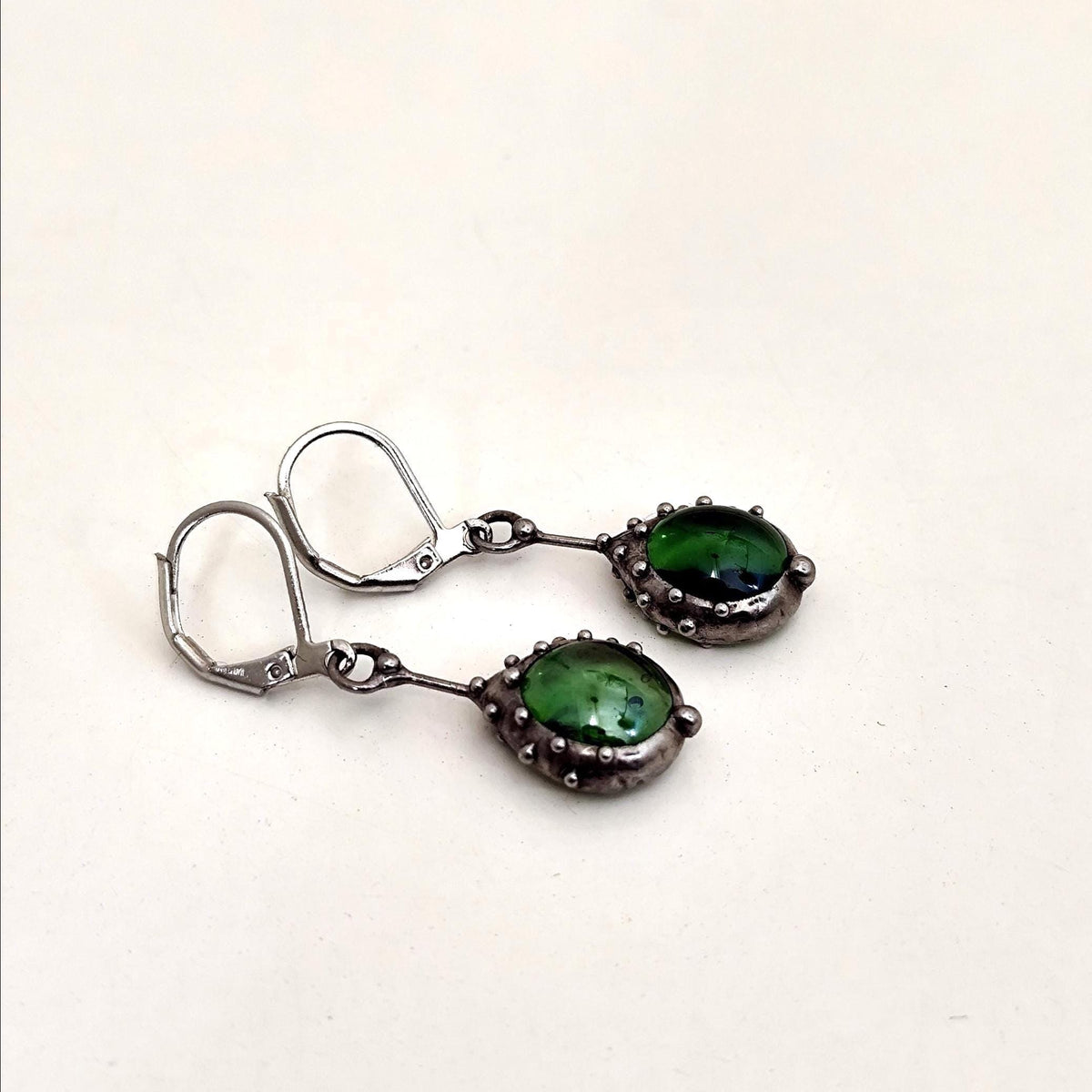 Green Stained Glass Drop Earrings – Silver Tone