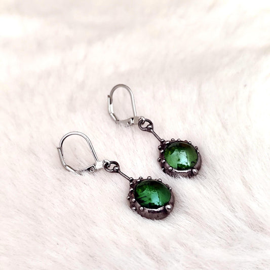 Green Stained Glass Drop Earrings – Silver Tone