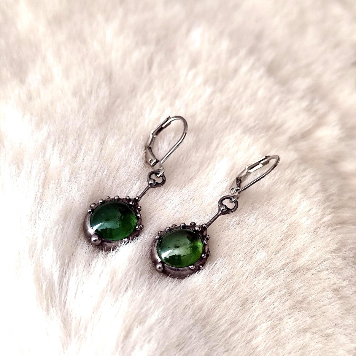 Green Stained Glass Drop Earrings – Silver Tone