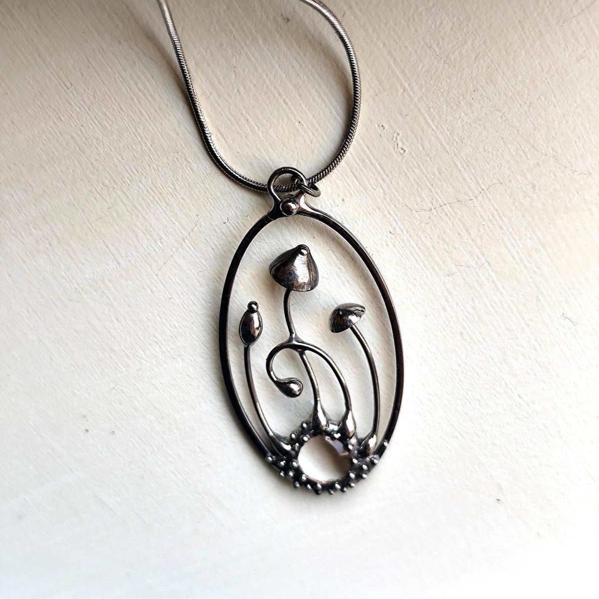Clear Glass Mushroom Pendant Necklace – Blackened Copper