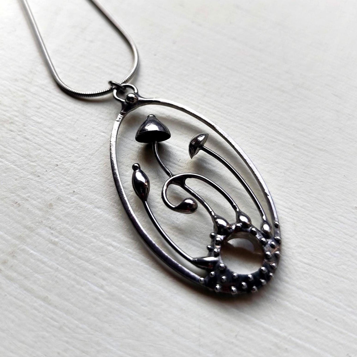 Clear Glass Mushroom Pendant Necklace – Blackened Copper