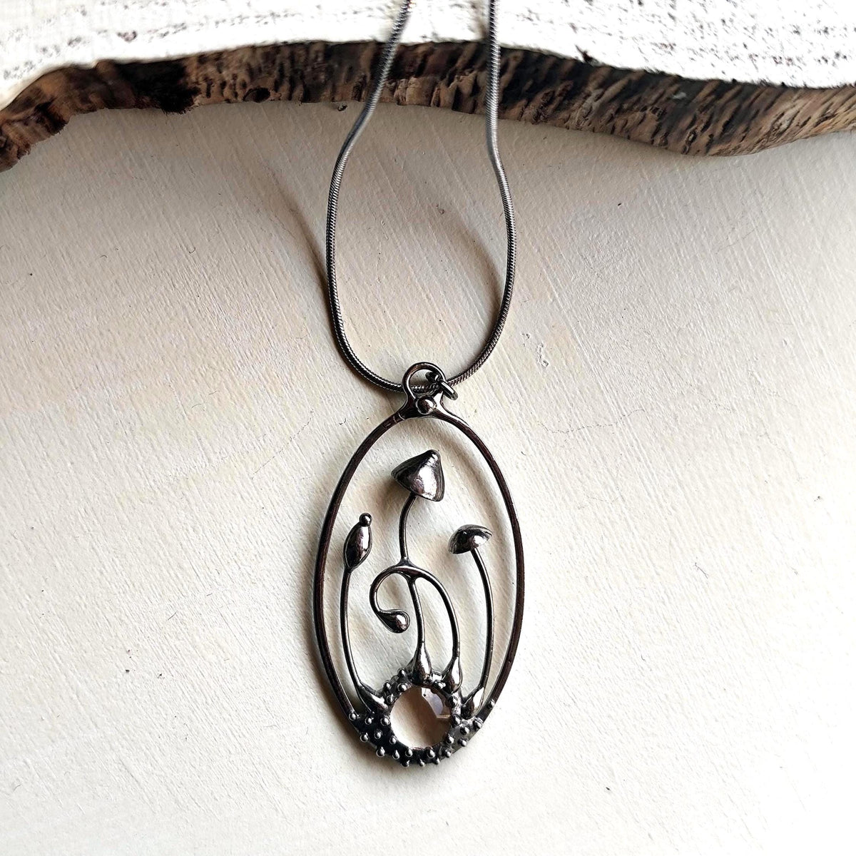 Clear Glass Mushroom Pendant Necklace – Blackened Copper