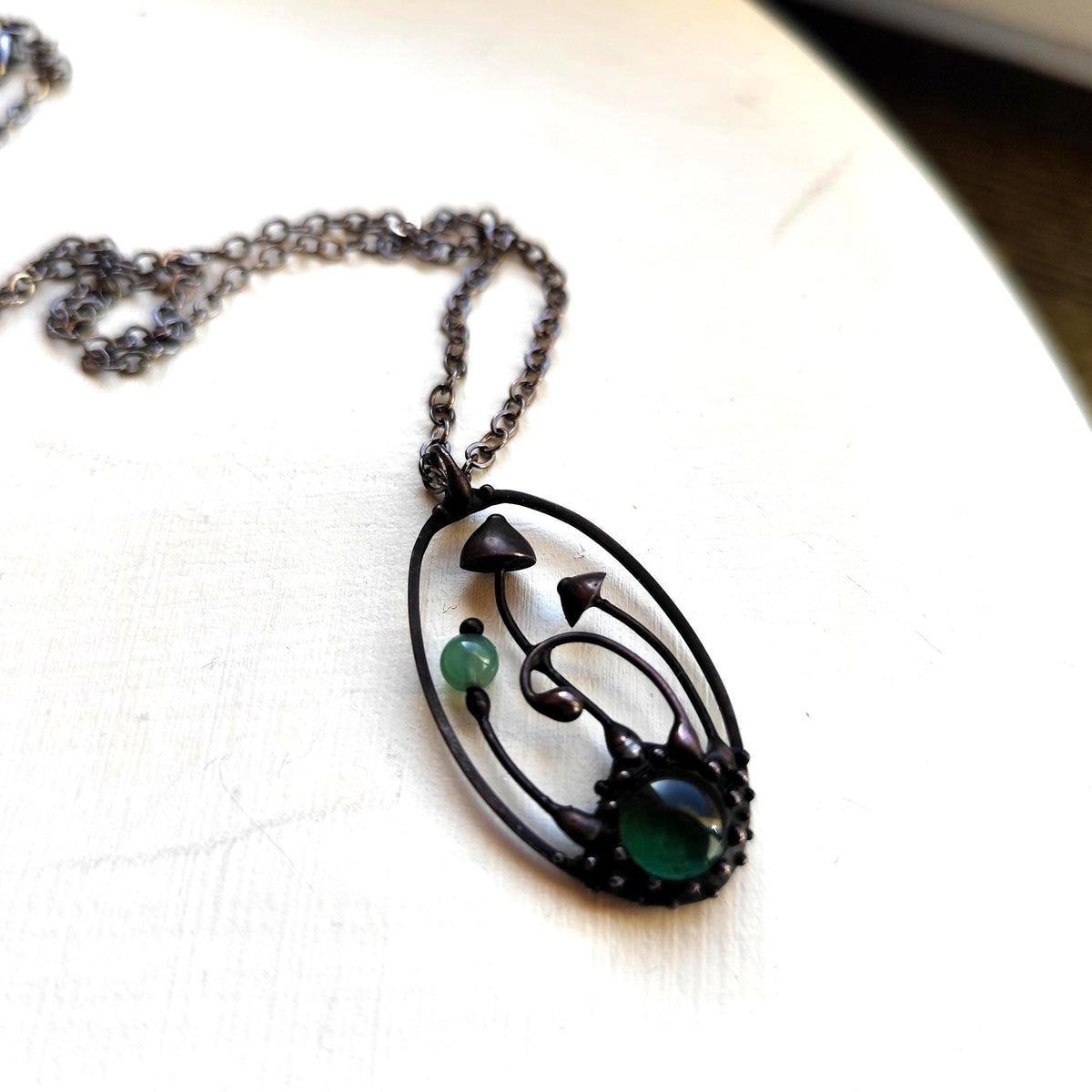 Green Glass Mushroom Forest Pendant – Blackened Copper